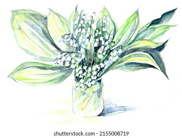 Lily Of The Valley. Watercolor Painting On A White Background.