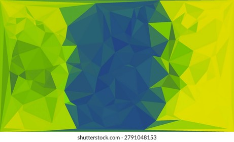 Lime and blue low-poly abstract background with a bright green field and deep blue central form. Suitable for technology-nature concepts, modern graphics, posters, headers, and vibrant digital art.