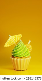 Lime Cupcake 3d Render Illustration. Green Cupcake Cream With Slice Of Lemon And Straw. Yellow Umbrella Cartoon Style On Yellow Fresh Background. Bakery Mockup. Summer Sweet Congratulation Template 