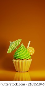 Lime Cupcake 3d Render Illustration. Green Cupcake Cream With Slice Of Lemon And Straw. Green Umbrella Cartoon Style On Orange Fresh Background. Bakery Mockup. Summer Sweet Congratulation Template 