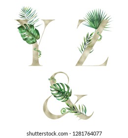 Lime Gold Tropical Floral Alphabet Set - letters Y, Z, & Ampersand with flowers bouquet composition. Unique collection for wedding invites decoration & other concept ideas.