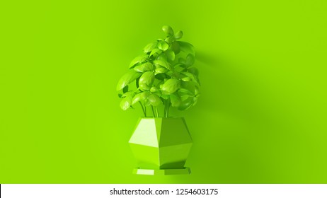 Lime Green Basil Plant With Lime Green Plant Pot 3d Illustration 3d Render