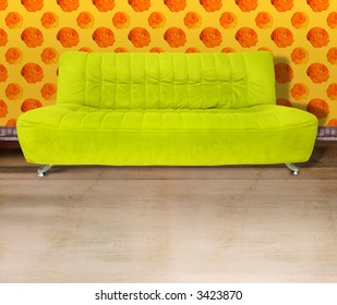 Lime Green Couch Against Poppy Flower Orange Wallpaper And Light Brown Concrete Floor. Digital Illustration From My Images And Designs.