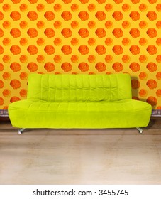 Lime Green Couch Against Poppy Flower Orange Wallpaper And Light Brown Concrete Floor. Digital Illustration From My Images And Designs.