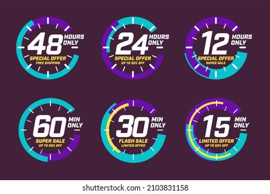 Limited Time Offer With 48, 24, 12 Hour And 60, 30, 15 Minute Only Set. Free Shipping, Up To 50 Percent Limited Discount Super Flash Sale Clock Face Design Banner Template Illustration Isolated