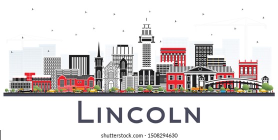 Lincoln Nebraska City Skyline with Color Buildings Isolated on White. Business Travel and Tourism Concept with Historic Architecture. Lincoln USA Cityscape with Landmarks. 