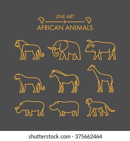 Line African Animals Icon Set. Linear Figure Lion, Cheetah, Leopard, Elephant, Buffalo And Giraffe.