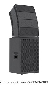 Line Array on Top of Subwoofer Cabinet in 3D render isolated white background. 3d illustration