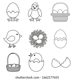 Line art black and white chicken eggs set. New chicks, cracked eggs and nest. Farm bird illustration for icon, stamp, label, certificate, brochure, gift card, poster, coupon, banner decoration - Powered by Shutterstock