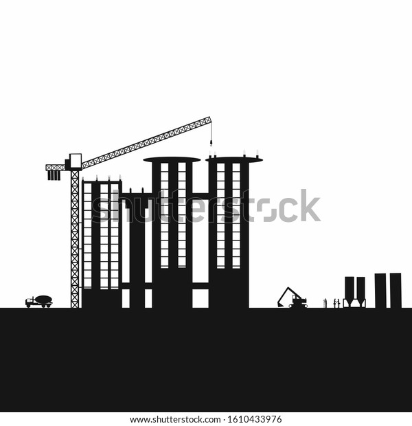 Line  art  building  condominium  with \
crane  and  machinery  in \
construction.