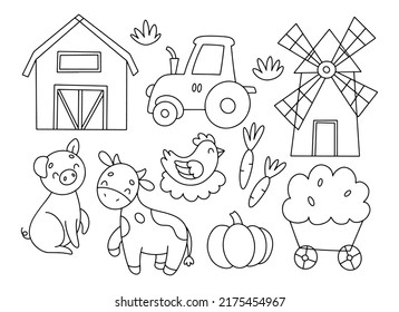 Line Art Collection Of Cute Farm, Cow, Chicken, Pig, Tractor, Windmill, Barn, Outline Illustration