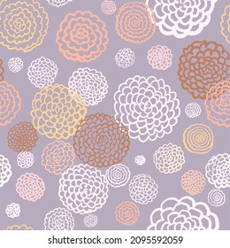 Line Art Drawn Soft Bobble Flowers Seamless Pattern. Abstract Chrysanthemum Floral Light Background. Trendy Exotic Botanical Texture, Print. 