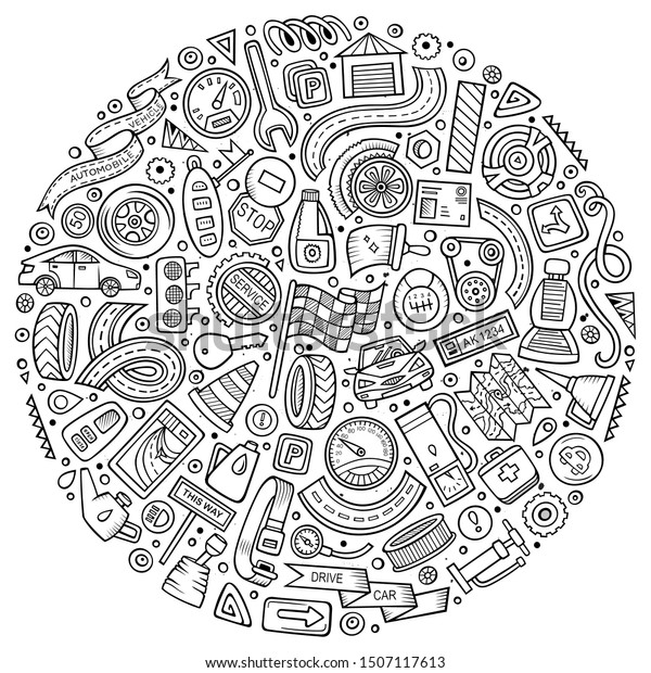 Line art hand drawn set of\
Automobile cartoon doodle objects, symbols and items. Round\
composition