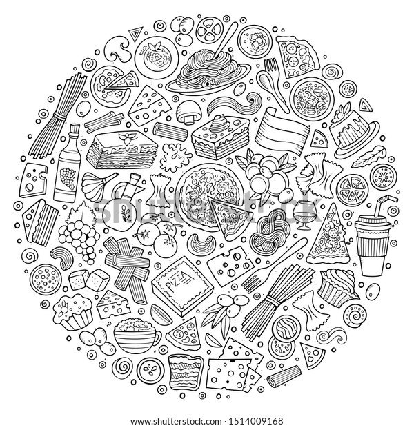 イタリアの食べ物のアニメの落書きオブジェクト シンボル アイテムのラインアート手描きのセット 丸い組成 のイラスト素材