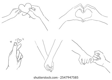 Line art of hands in various heart gestures. Hands forming hearts, holding hands, and finger hearts. Simple line art, heart gestures, and hand expressions. Valentine's Day illustrations isolated. - Powered by Shutterstock