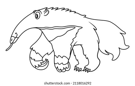 Line Art Illustration Of Giant Anteater Showing His Tongue. Blank Uncolored Image On White Background For Children And Kids Coloring Book Or Pages. For Biology Lessons And Other Educational Material.