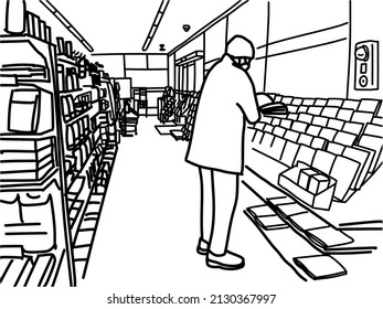 Line Art Illustration Of A Man Browsing In A Convenience Store