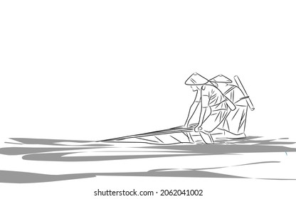 Line Art Illustration Of Old Woman Fishing In The Sea