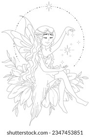 Line Art  Magical Fairy Sitting the Flower