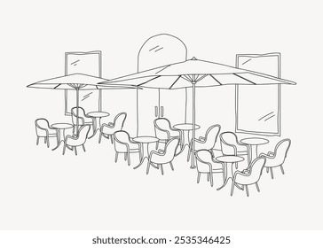 Line art of an outdoor cafe with tables, chairs, and umbrellas on white background. Simple cafe design with minimalist tables and chairs. Outdoor seating with umbrellas. - Powered by Shutterstock