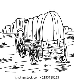 Line Art .png Illustration. Covered Wagon During Westward Expansion, Conestoga, Pioneers