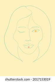 Line Art Portrait Of Young Woman Face. Light Green, Yellow And Peach Pink Colors. Short Hair Girl Blinking.