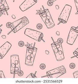 Line art seamless pattern with drinks in glasses, straws, ice and citrus fruits. Black and white outline drawing on pink background, perfect for packaging, background or decoration.