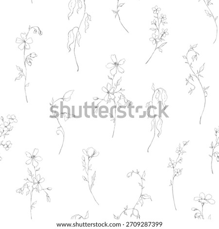 Line art seamless pattern with ethereal wildflowers, leaves. Wild plants, flowers, branches. Nature floral background