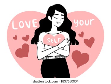 Line Art Of Self Love. Love Yourself. Try Being Nice To Yourself. Good For Poster, Social Media, And More.