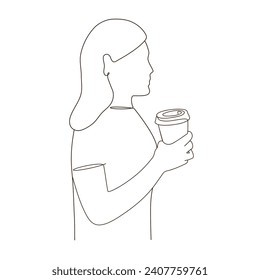 Line art of side view of long hair woman holding a takeaway coffee cup. - Powered by Shutterstock