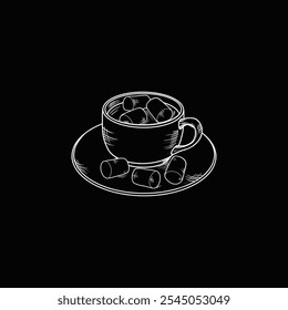 Line art style illustration white drawing of a cup with a hot drink and marshmallows on a saucer. Sketch in the style of engraving on a black background, creating a cozy atmosphere. - Powered by Shutterstock