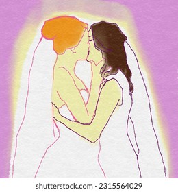 Line art wedding card Lesbian family  Two brides in wedding dresses kiss each other   LGBT woman Couple 