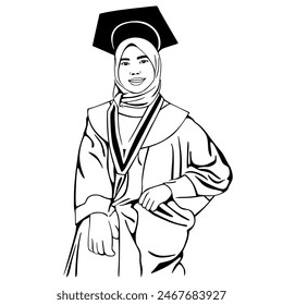 Line art of a young girl taking a photo wearing graduation attire at a graduation ceremony - Powered by Shutterstock