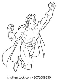 Line Art Of A Young Male Caucasian Super Hero Wearing Cape, Gloves, Boots And Belt, Flying And Raising His Left Hand.