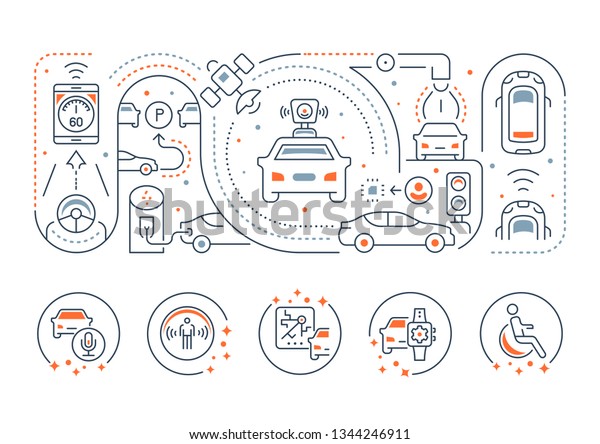 Line banner of autonomous car. Illustration\
of cars with artificial\
intelligence.