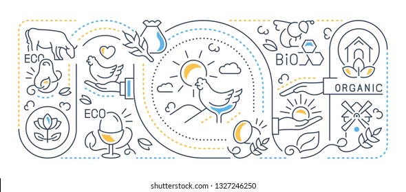 Line banner of food labels. Illustration of the organic food and ecological products.