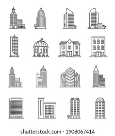 Line buildings. Urban architecture, skyscrapers. Hotel, university and bank, city library line art downtown building icons set
