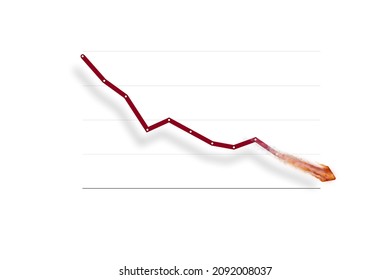 Line Chart Representing A Fast Declining Trend. End Of Line On Fire And Going Down.