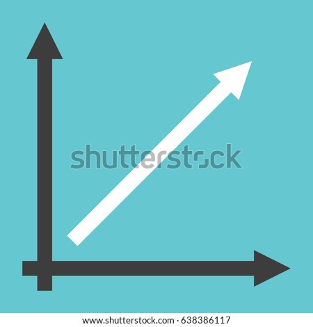 Line chart showing direct proportionality with two coordinate axes on turquoise blue background. Linear growth, analysis and success concept. Flat design