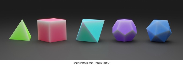 line of colourful Platonic solids on a grey surface (polyhedra - tetrahedron, cube, octahedron, dodecahedron and icosahedron, 3d render, banner format 3x1)