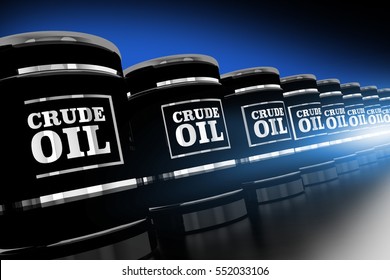 Line Of Crude Oil Barrels 3D Rendered Illustration. Black And Chrome Oil Barrels.