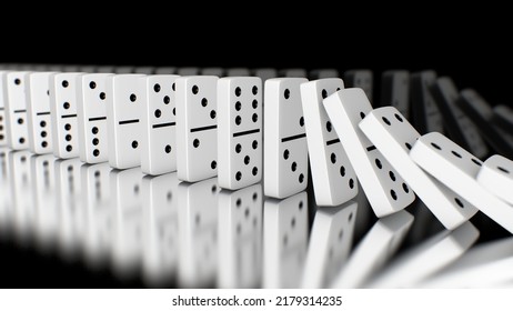 Line Of Dominoes Falling Over In Slow Motion Chain Reaction Concept 3D Rendering - Abstract Background Texture