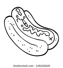 Line Drawing Cartoon Hotdog In Bun With Ketchup