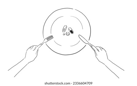 Line drawing hands holding fork   knife and supplements