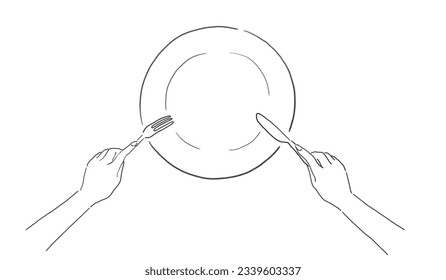 Line drawing hands holding fork   knife