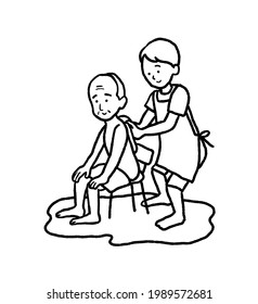 Line Drawing Illustration Of Bathing Assistance For Day Service.