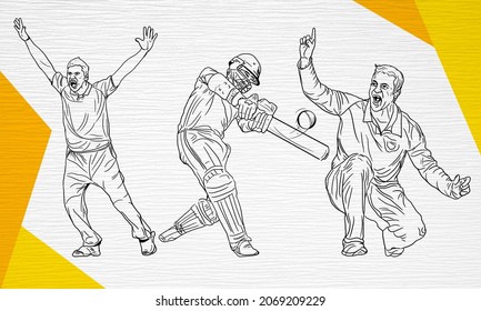 Line Drawing Illustration of cricket players of different participating countries players. Batsman and bowler cricket championship. White Background. Bangladesh Cricket. Line art Player. Colorful Art.