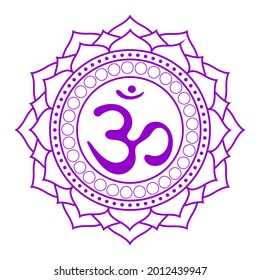 Line drawing.The seventh chakra Sahasrara. The crown or highest chakra with Hindu Sanskrit. Purple is a flat symbol of meditation, yoga. illustration - Powered by Shutterstock