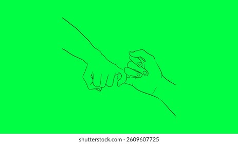 Line drawing of two hands interlocking pinky fingers on a bright green background, symbolizing promise, connection, and friendship in a minimalist style. Element on green screen background.