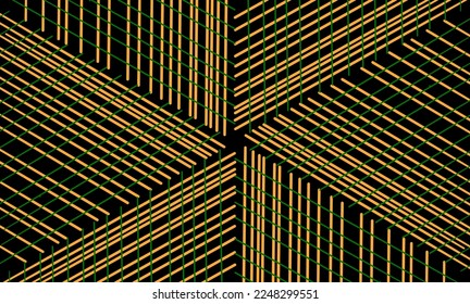 line drawing using 2 sunset colors, and army green, occupying five different sides to form something unique against a dark background